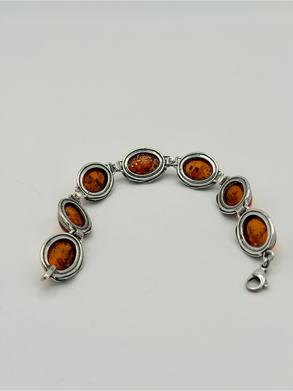 Vintage Oxidized Sterling Silver Leaf Pattern w/Oval Amber Cabochons Bracelet - Picture 8 of 16